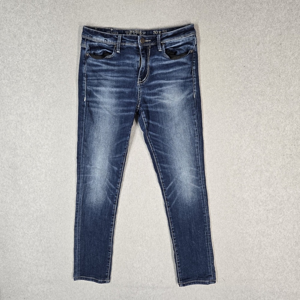 Buckle Black Women Jeans 30X32 Blue Denim Embroidered FIT NO 53 27" Inseam